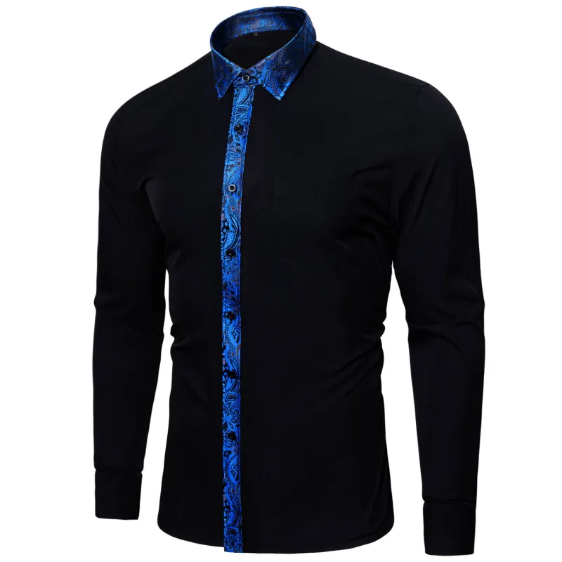 Ties2you Black Blue Slim Fit Splicing Shirt Mens Long Sleeve Button Down Casual Shirt sold by Ties2You