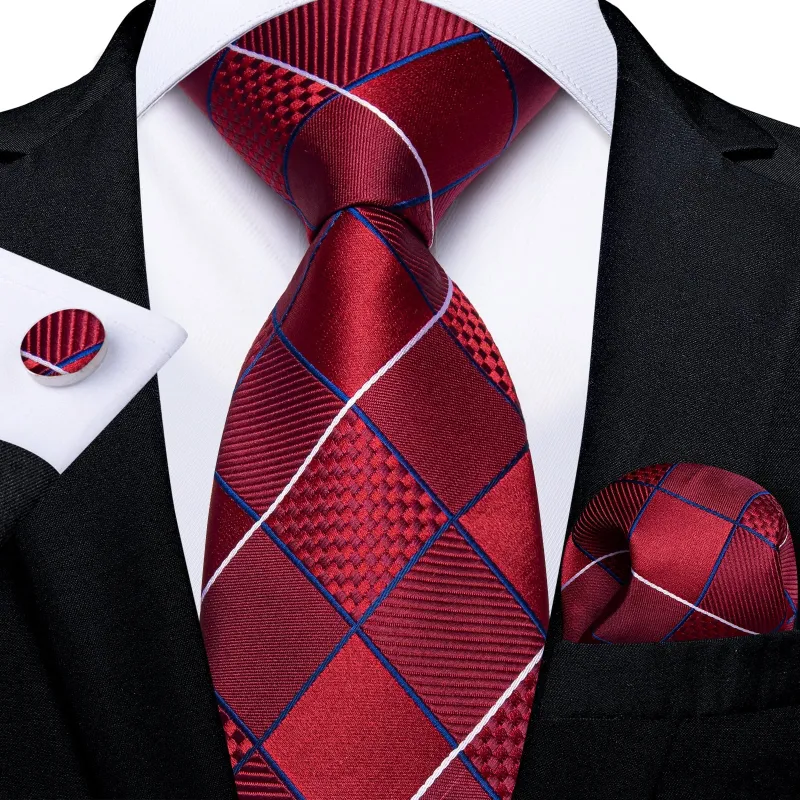 Red Striped Plaid Men's Tie Pocket Square Cufflinks Set sold by Ties2You