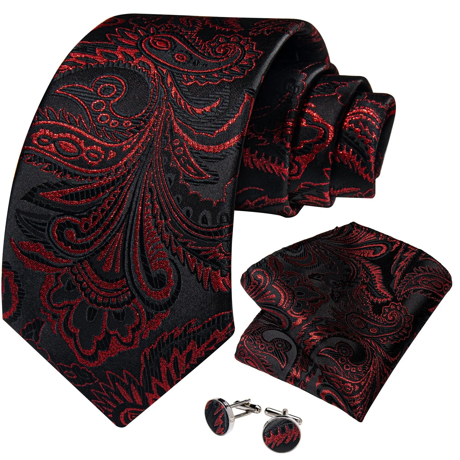 Classy Black Red Paisley Men's Tie Pocket Square Cufflinks Set sold by Ties2You product image thumbnail 2