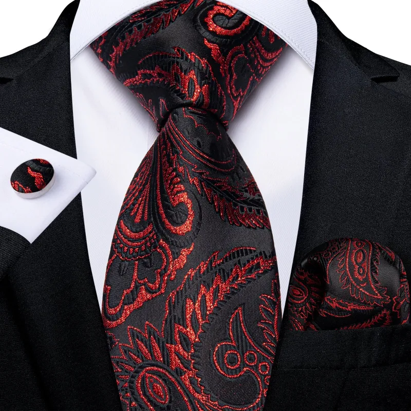 Classy Black Red Paisley Men's Tie Pocket Square Cufflinks Set sold by Ties2You
