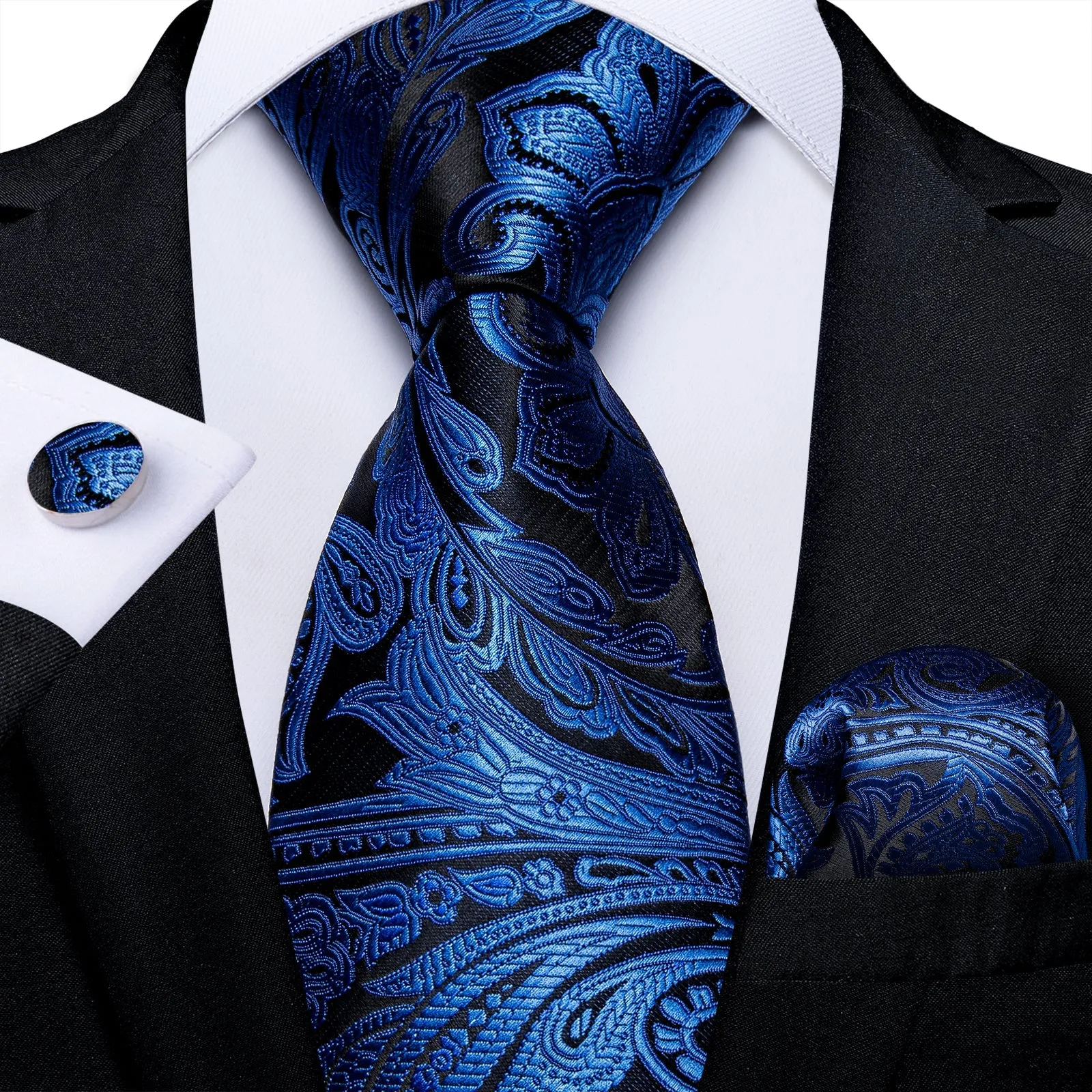 Blue Floral Silk Men's Tie Pocket Square Cufflinks Set sold by Ties2You