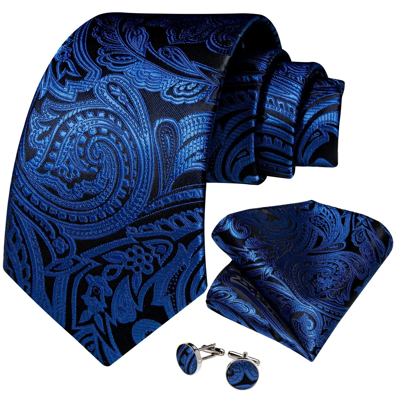 Blue Floral Silk Men's Tie Pocket Square Cufflinks Set sold by Ties2You product image thumbnail 2