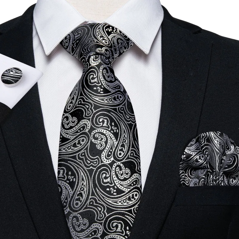 Black Paisley Tie Hanky Cufflinks Set sold by Ties2You