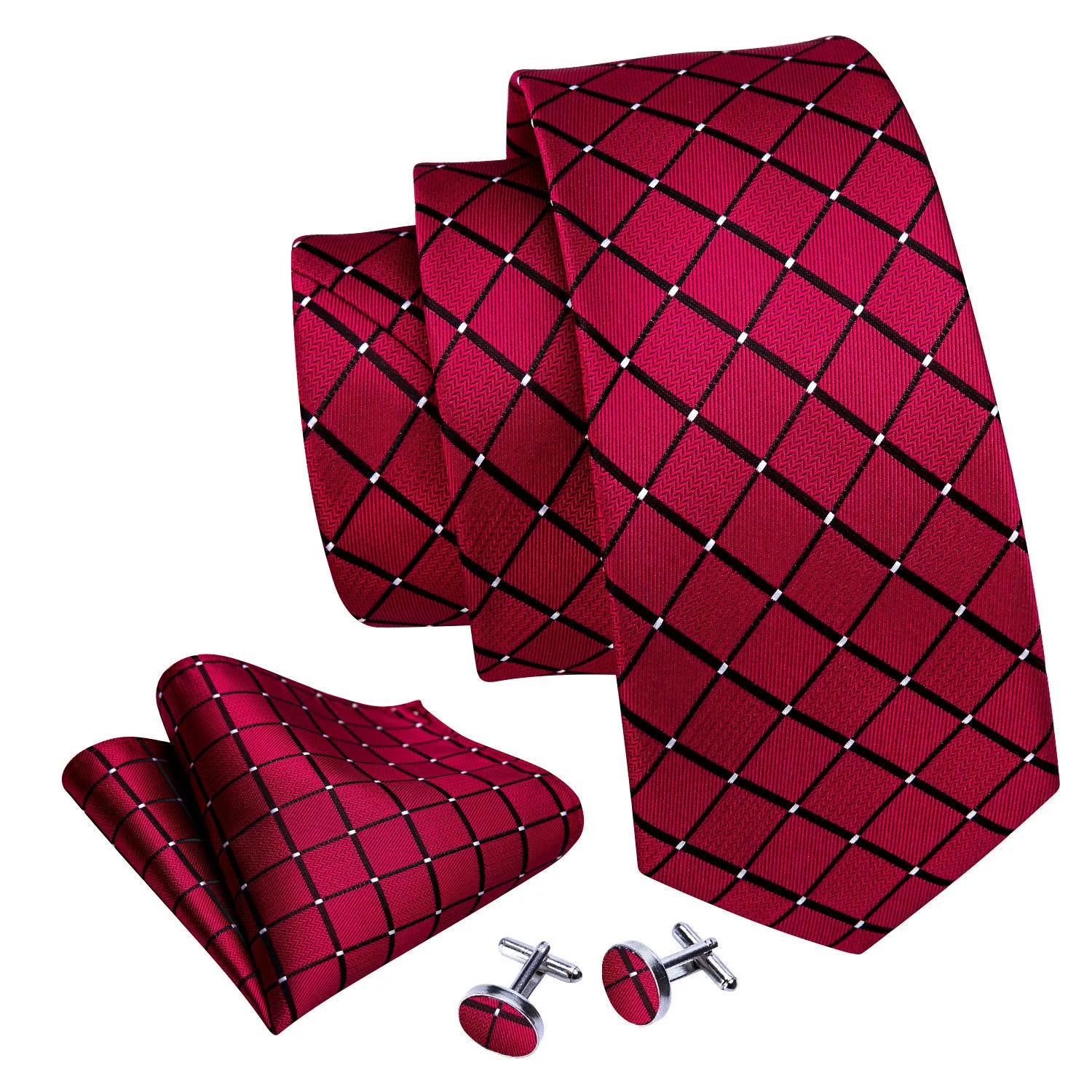 Red Black Plaid Men's Tie Pocket Square Cufflinks Set sold by Ties2You product image thumbnail 3