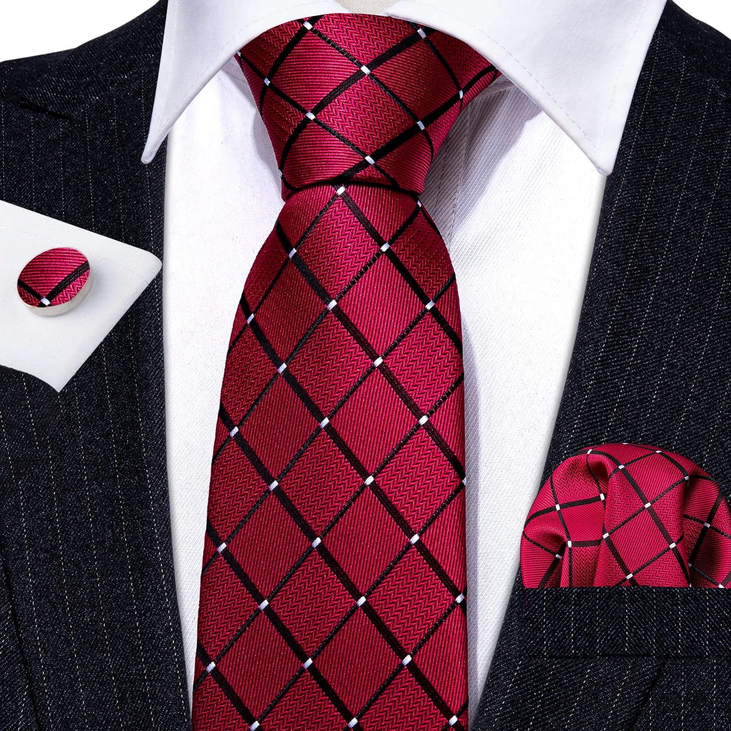 Red Black Plaid Men's Tie Pocket Square Cufflinks Set sold by Ties2You product image thumbnail 2