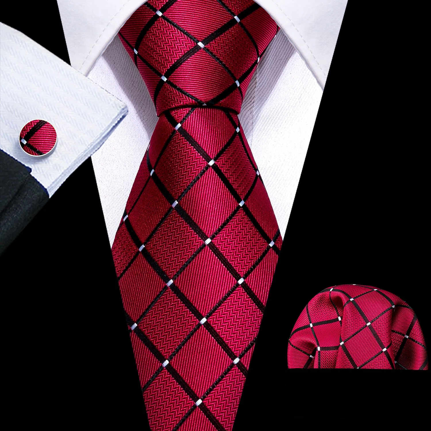 Red Black Plaid Men's Tie Pocket Square Cufflinks Set sold by Ties2You