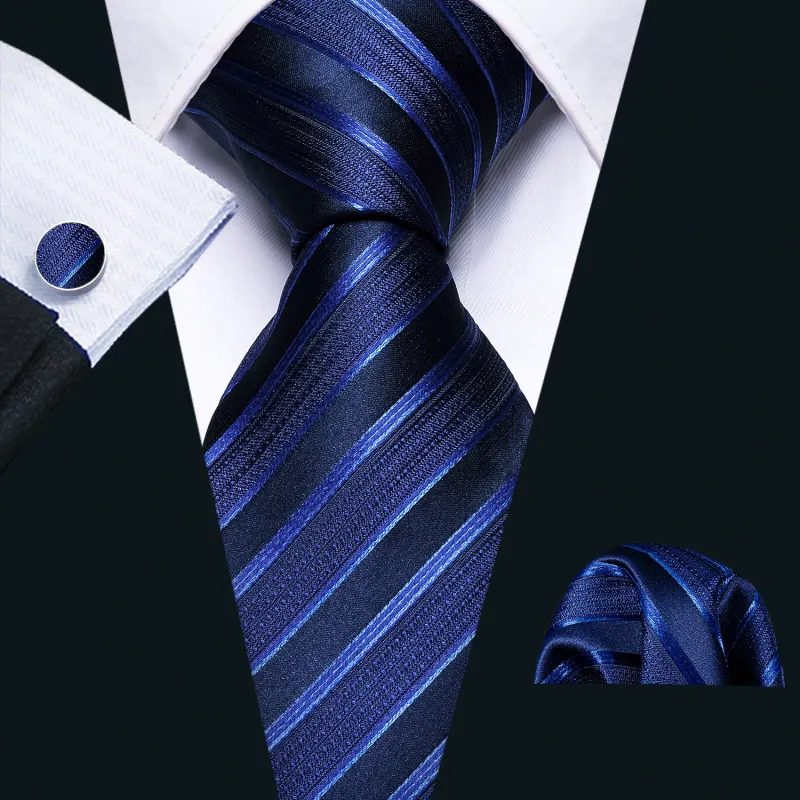 Royal Blue Striped Men's Tie Pocket Square Cufflinks Set sold by Ties2You