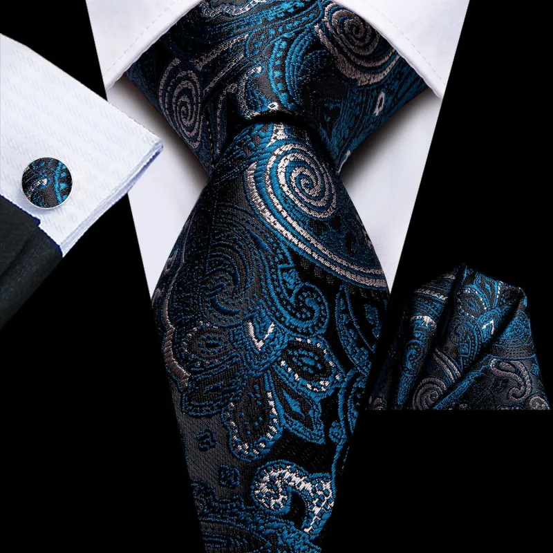 Black Blue Floral Tie Pocket Square Cufflinks Set made by Ties2You