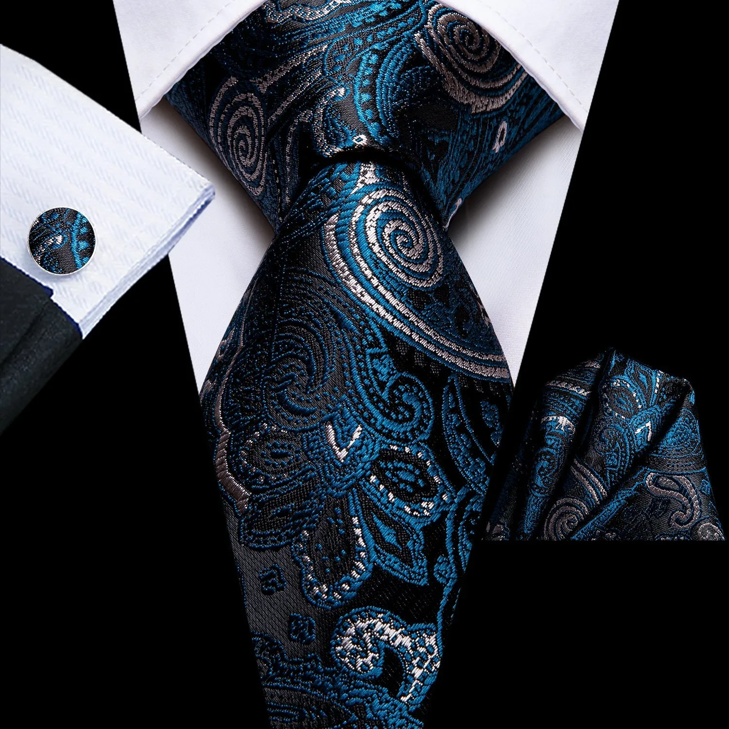 Black Blue Floral Tie Pocket Square Cufflinks Set sold by Ties2You