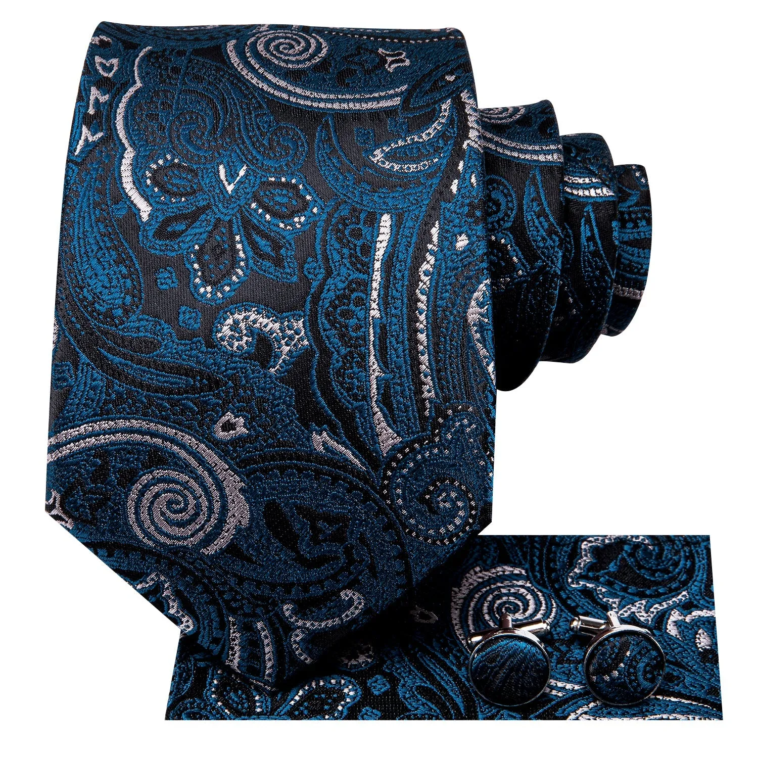 Black Blue Floral Tie Pocket Square Cufflinks Set sold by Ties2You product image thumbnail 3