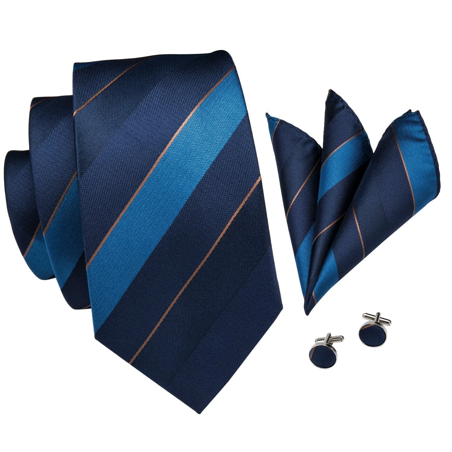 Blue Striped Necktie Pocket Square Cufflinks Set sold by Ties2You product image thumbnail 3
