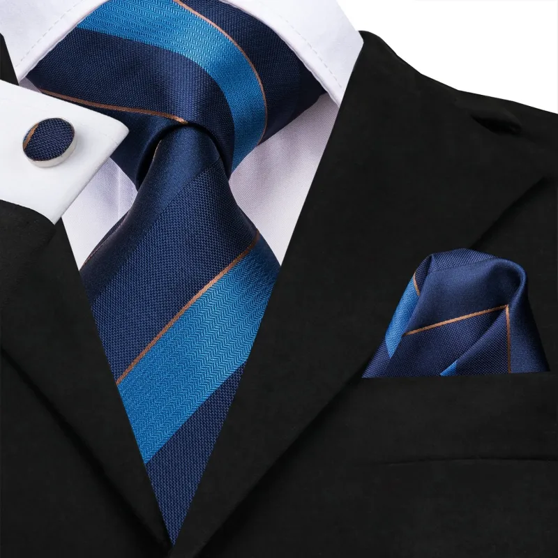 Blue Striped Necktie Pocket Square Cufflinks Set made by Ties2You
