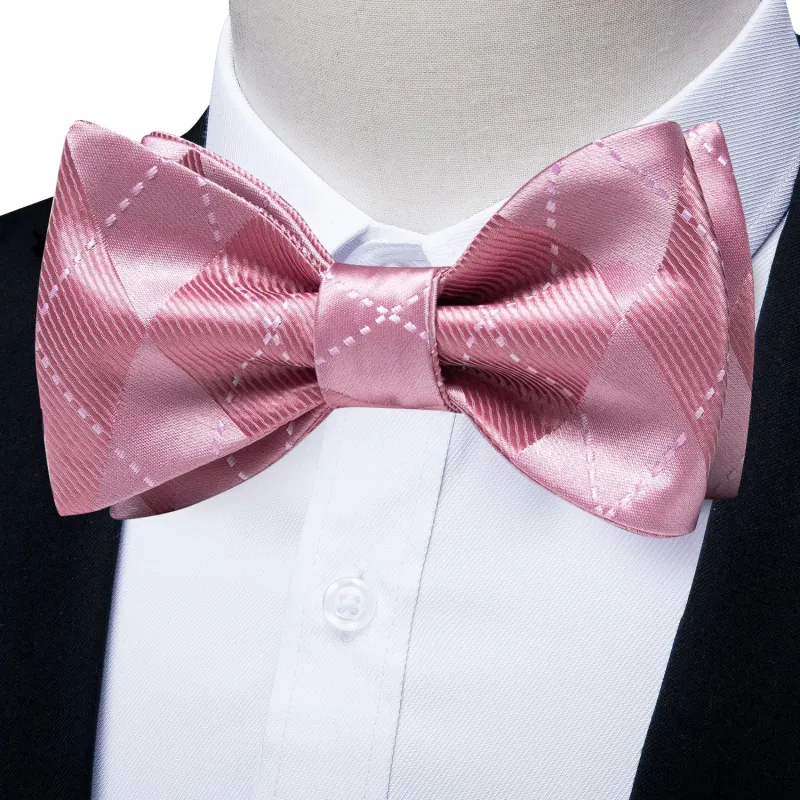 Pink Plaid Self-tied Bow Tie Hanky Cufflinks Set sold by Ties2You