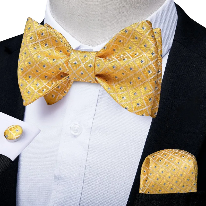 Yellow Blue Dots Silk Self-tied Bow Tie Pocket Square Cufflinks Set sold by Ties2You