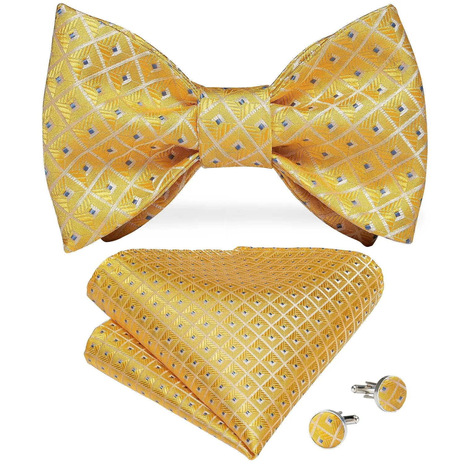 Yellow Blue Dots Silk Self-tied Bow Tie Pocket Square Cufflinks Set sold by Ties2You product image thumbnail 2