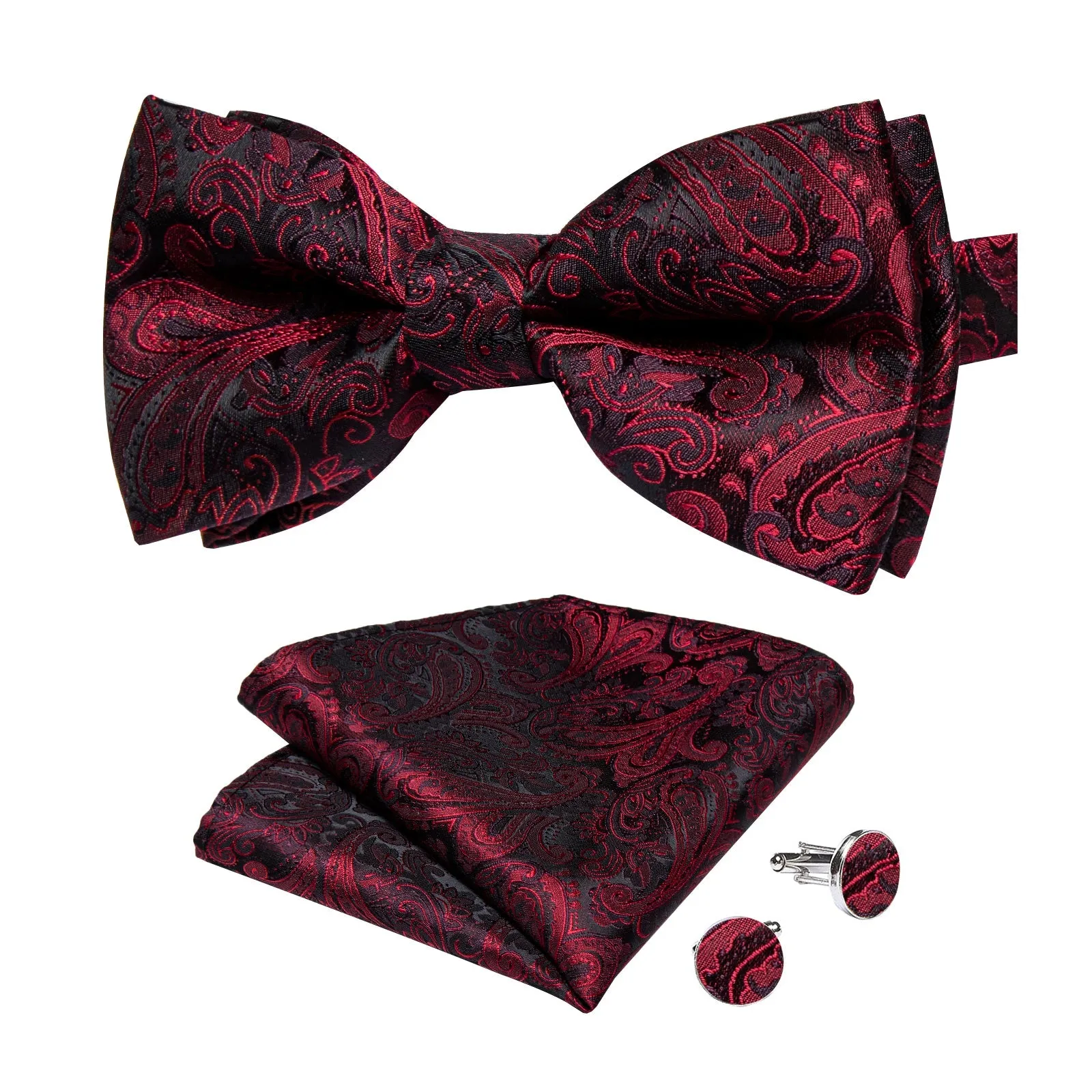 Red Floral Silk Pre-tied Bow Tie Hanky Cufflinks Set sold by Ties2You product image thumbnail 4