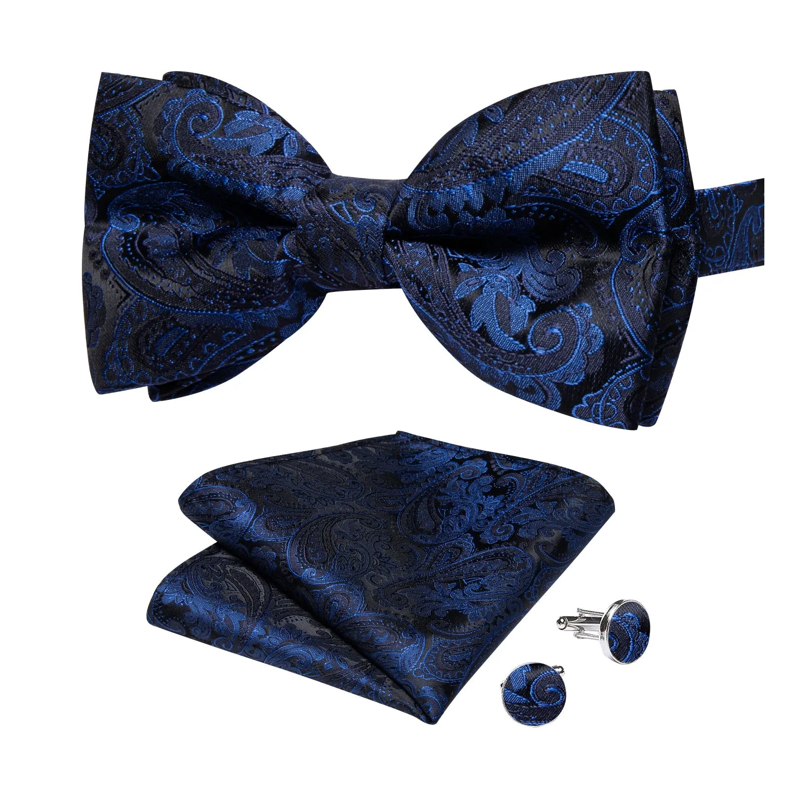 Blue Floral Silk Pre-tied Bow Tie Hanky Cufflinks Set sold by Ties2You product image thumbnail 4