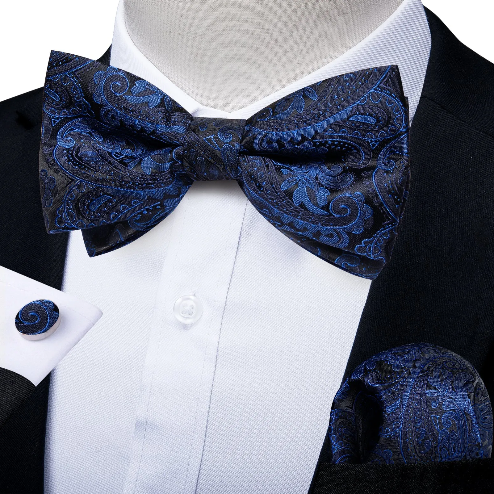 Blue Floral Silk Pre-tied Bow Tie Hanky Cufflinks Set sold by Ties2You