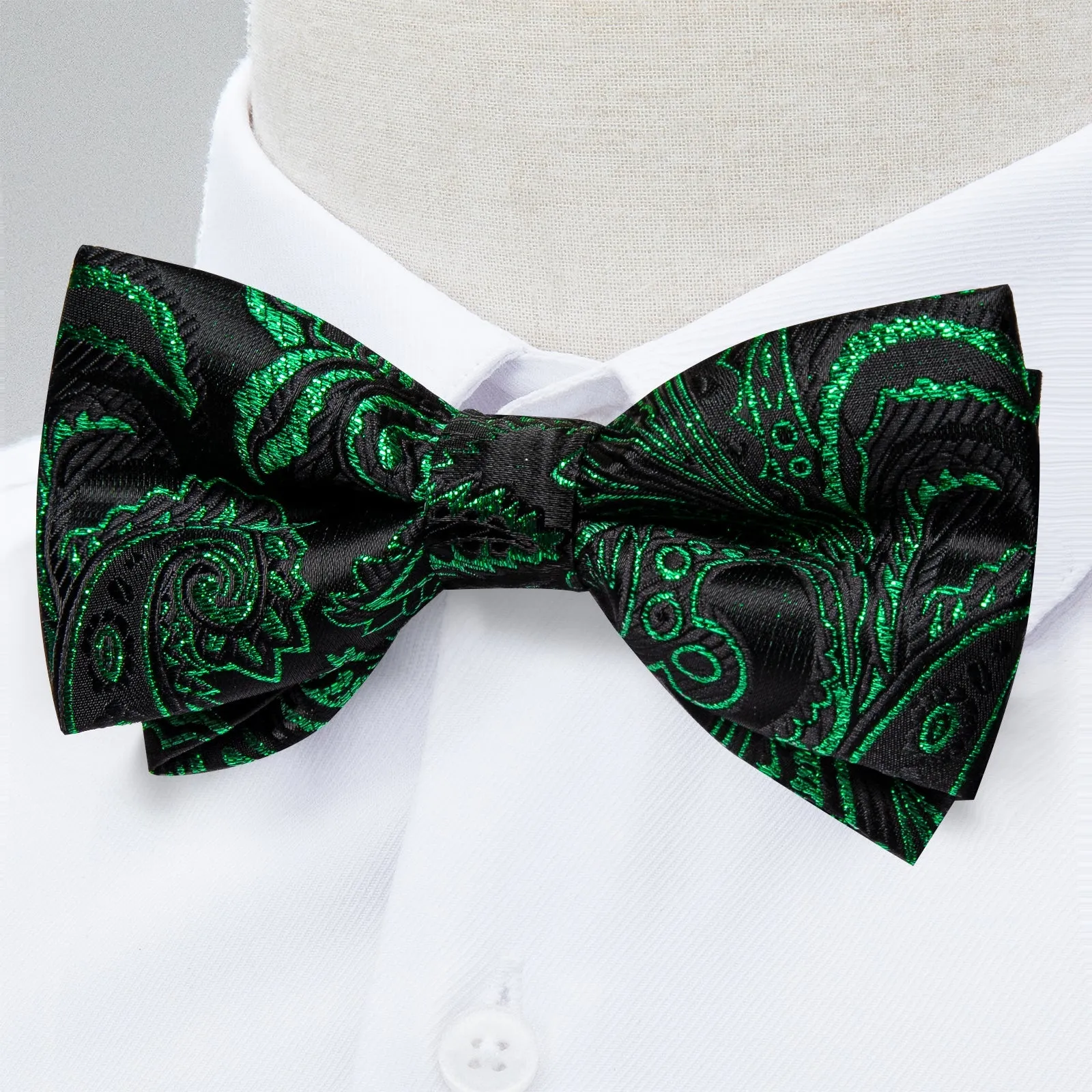 Black Green Golden Floral Silk Pre-tied Bow Tie Hanky Cufflinks Set sold by Ties2You product image thumbnail 3