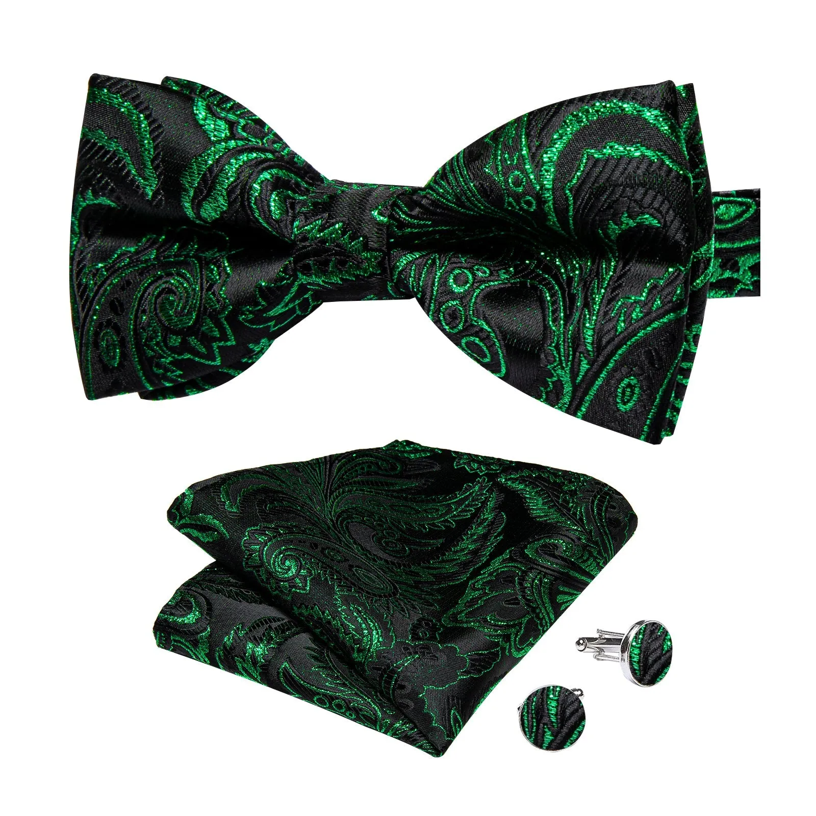Black Green Golden Floral Silk Pre-tied Bow Tie Hanky Cufflinks Set sold by Ties2You product image thumbnail 4