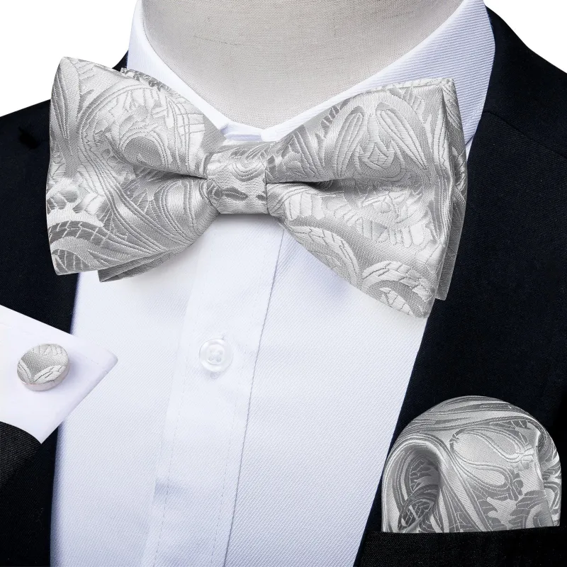 Silver Grey Floral Silk Pre-tied Bow Tie Hanky Cufflinks Set sold by Ties2You