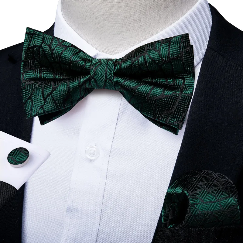 Green Black Striped Silk Pre-tied Bow Tie Hanky Cufflinks Set sold by Ties2You