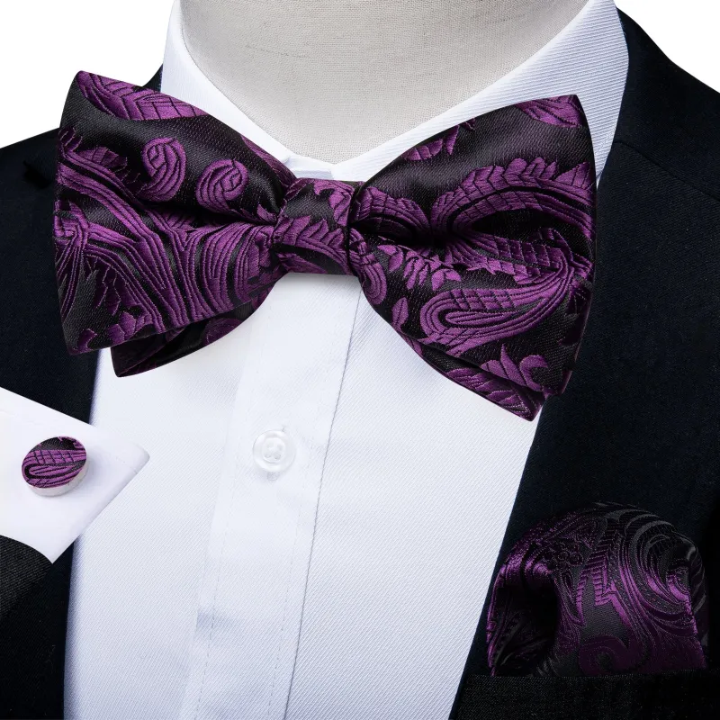 Black Purple Floral Silk Pre-tied Bow Tie Hanky Cufflinks Set made by Ties2You