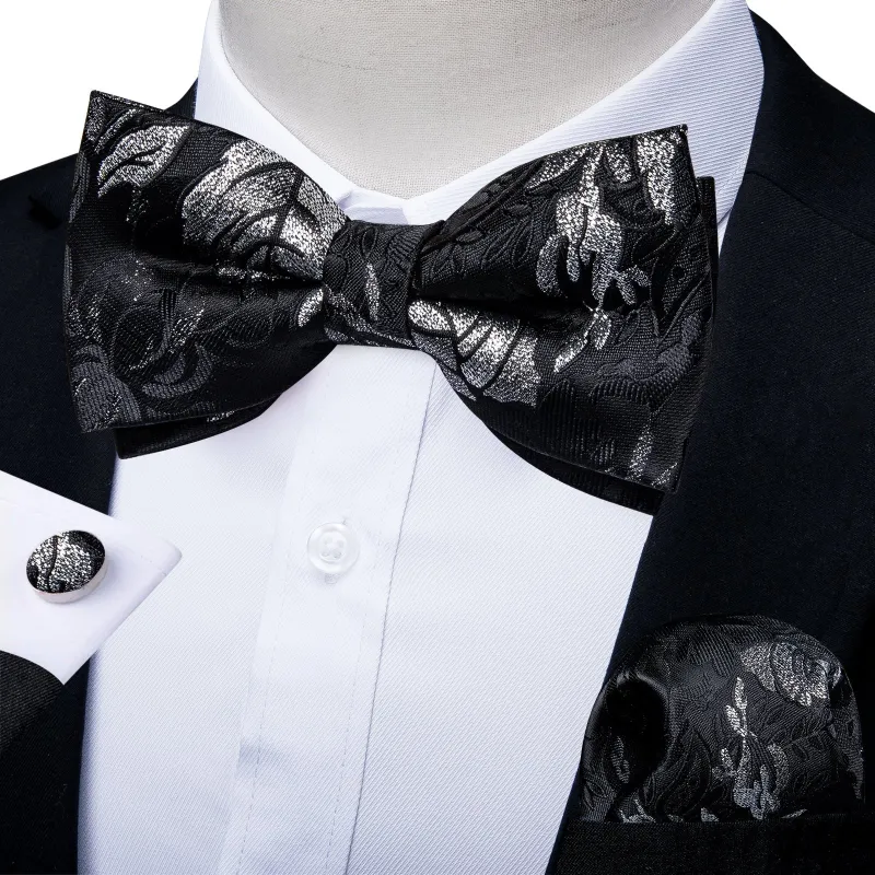 Black White Floral Pre-tied Bow Tie Hanky Cufflinks Set sold by Ties2You