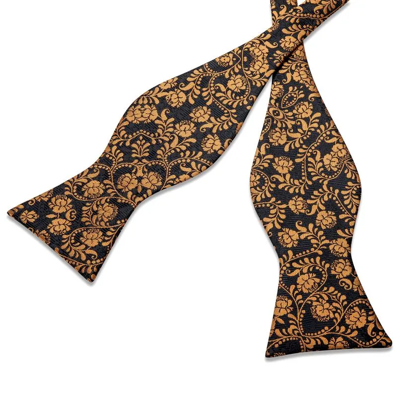 Black Yellow Floral Self-tied Bow Tie Pocket Square Cufflinks Set sold by Ties2You product image thumbnail 3
