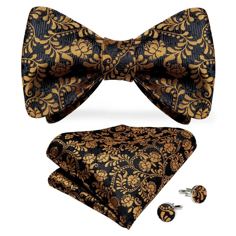 Black Yellow Floral Self-tied Bow Tie Pocket Square Cufflinks Set sold by Ties2You
