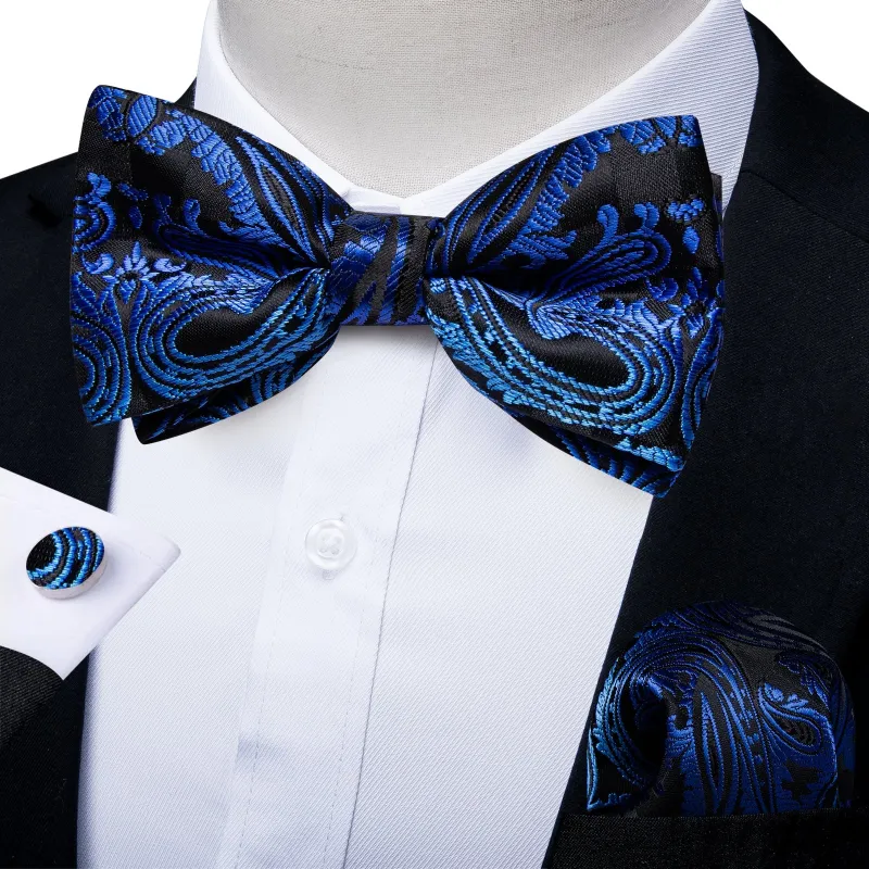 Black Blue Paisley Silk Pre-tied Bow Tie Hanky Cufflinks Set sold by Ties2You