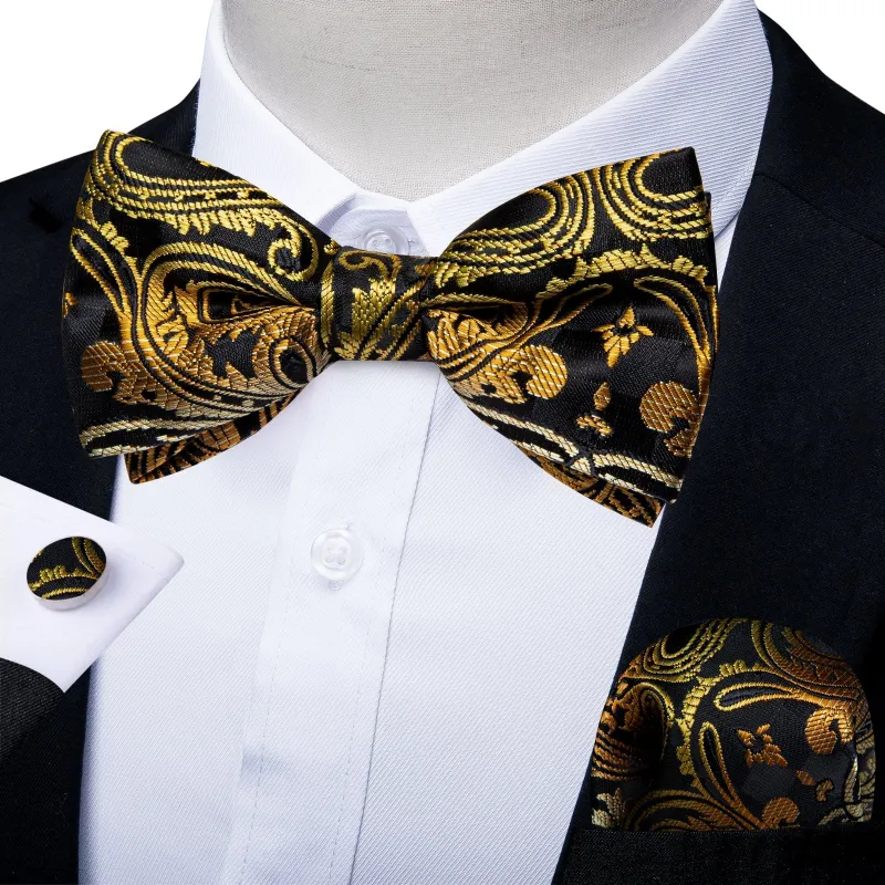 Black Golden Floral Silk Pre-tied Bow Tie Hanky Cufflinks Set sold by Ties2You
