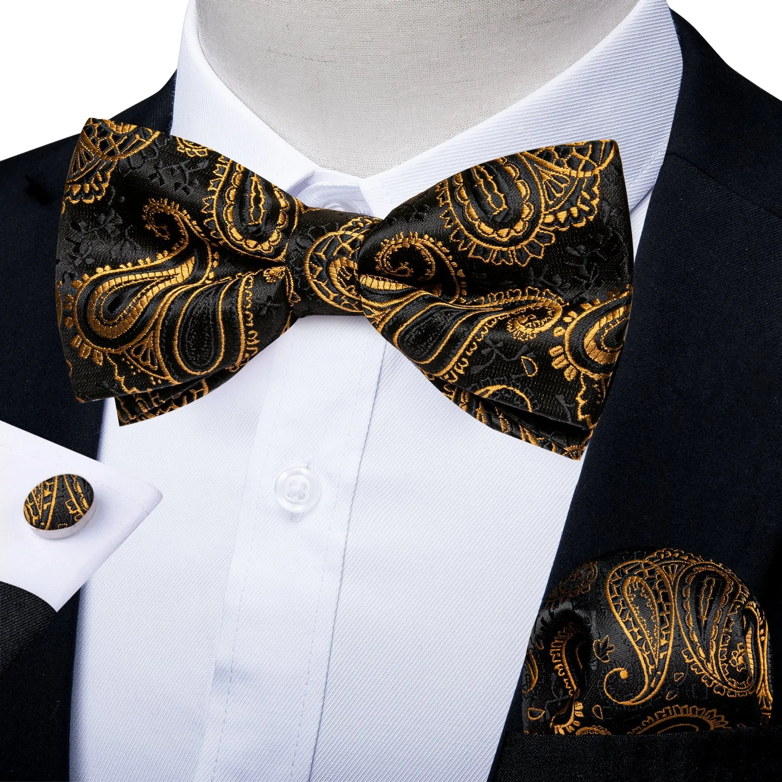 Black Golden Paisley Silk Pre-tied Bow Tie Hanky Cufflinks Set sold by Ties2You