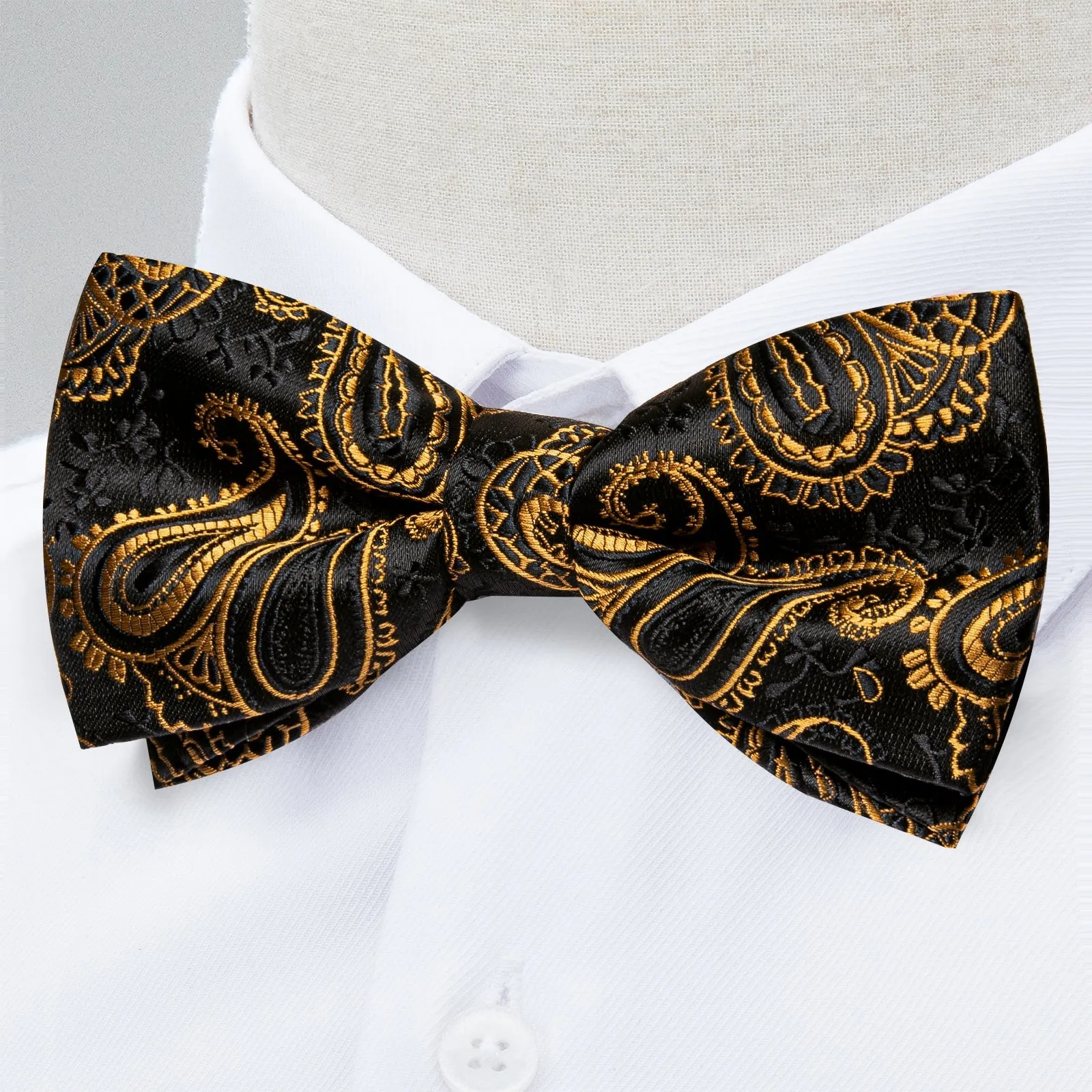 Black Golden Paisley Silk Pre-tied Bow Tie Hanky Cufflinks Set sold by Ties2You product image thumbnail 2