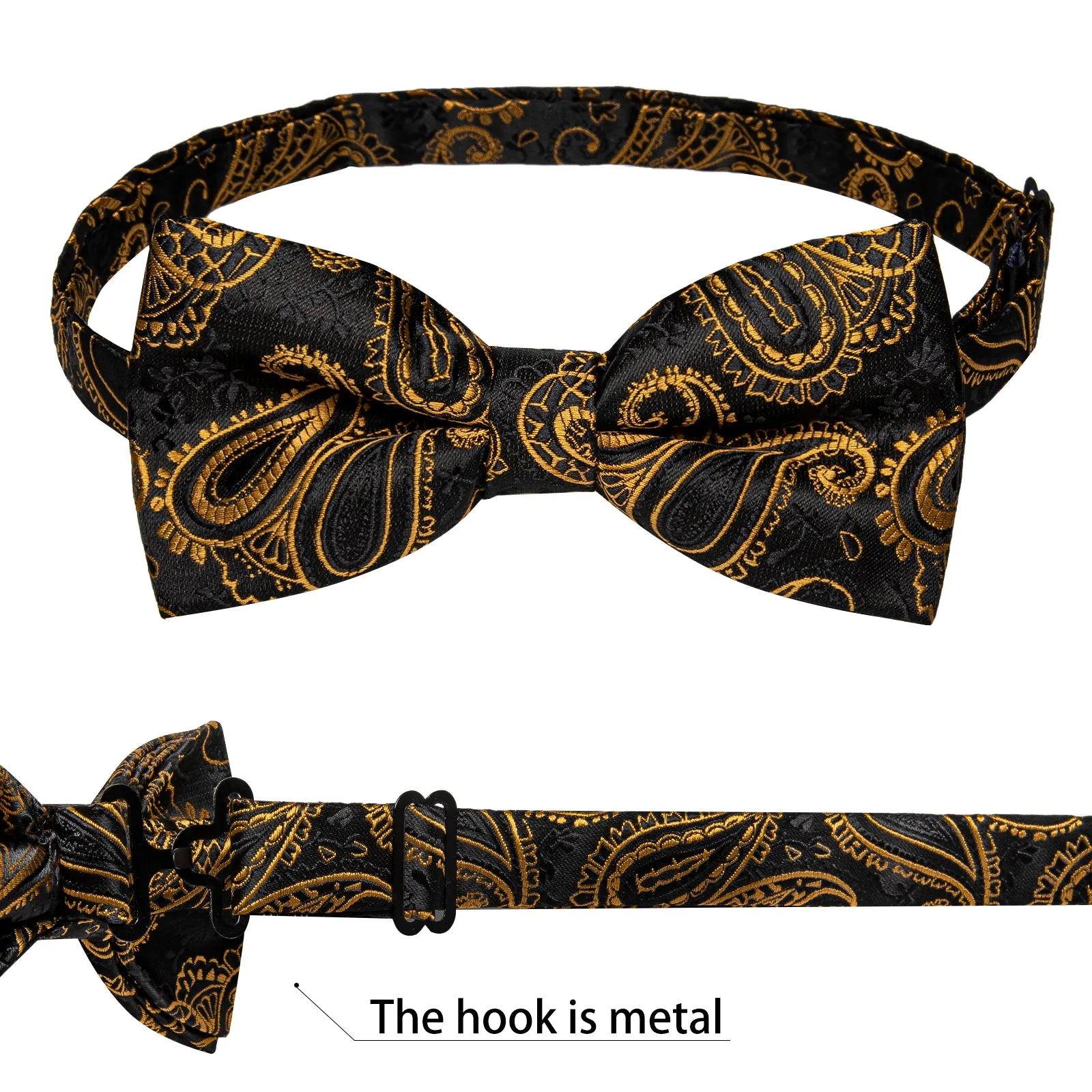 Black Golden Paisley Silk Pre-tied Bow Tie Hanky Cufflinks Set sold by Ties2You product image thumbnail 5