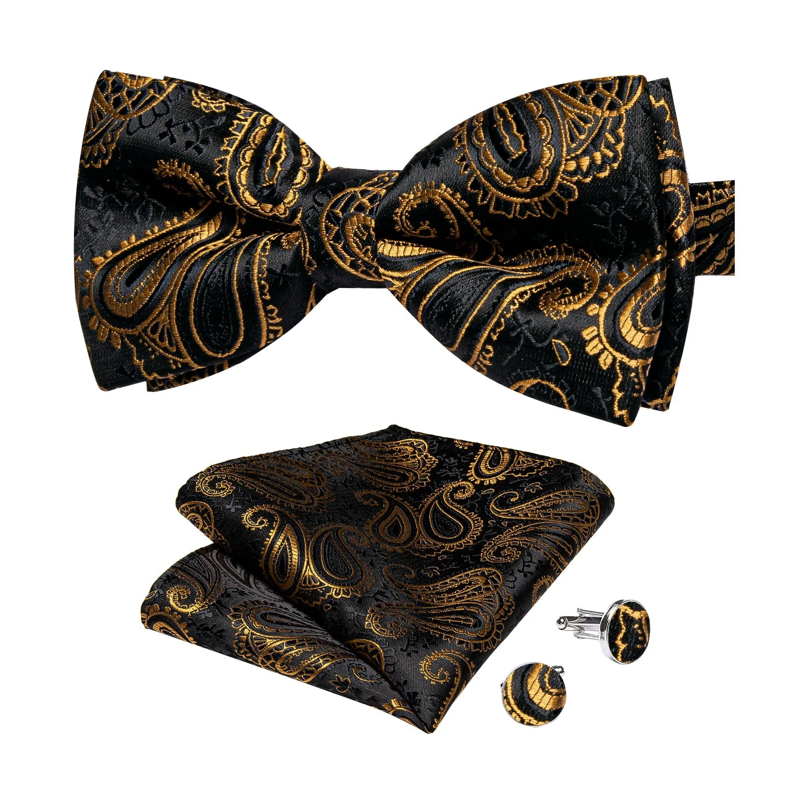 Black Golden Paisley Silk Pre-tied Bow Tie Hanky Cufflinks Set sold by Ties2You product image thumbnail 4
