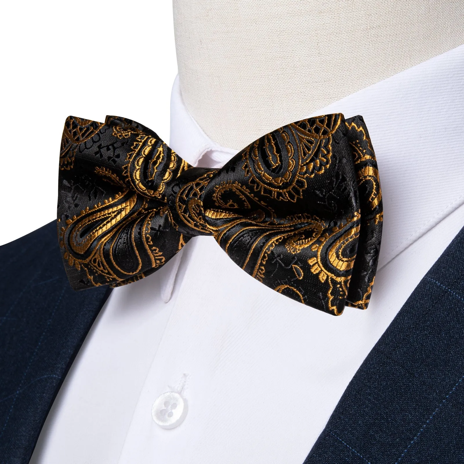 Black Golden Paisley Silk Pre-tied Bow Tie Hanky Cufflinks Set sold by Ties2You product image thumbnail 3
