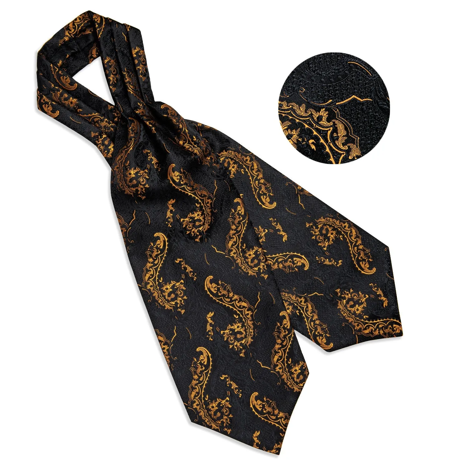 Black Golden Floral Silk Cravat Woven Ascot Tie Pocket Square Handkerchief Set sold by Ties2You product image thumbnail 4