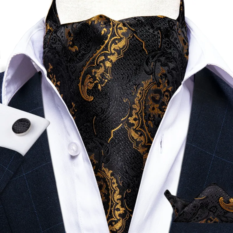 Black Golden Floral Silk Cravat Woven Ascot Tie Pocket Square Handkerchief Set sold by Ties2You