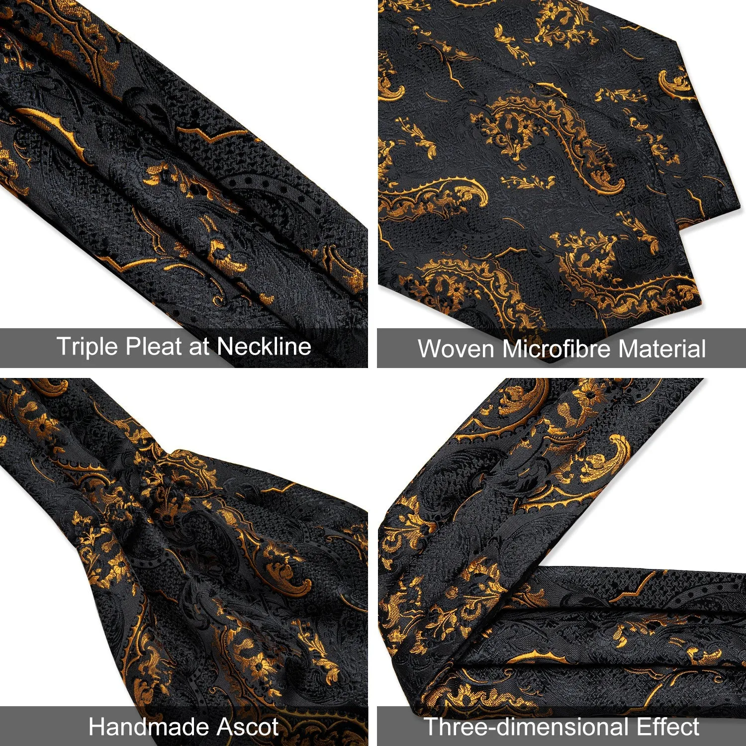Black Golden Floral Silk Cravat Woven Ascot Tie Pocket Square Handkerchief Set sold by Ties2You product image thumbnail 5