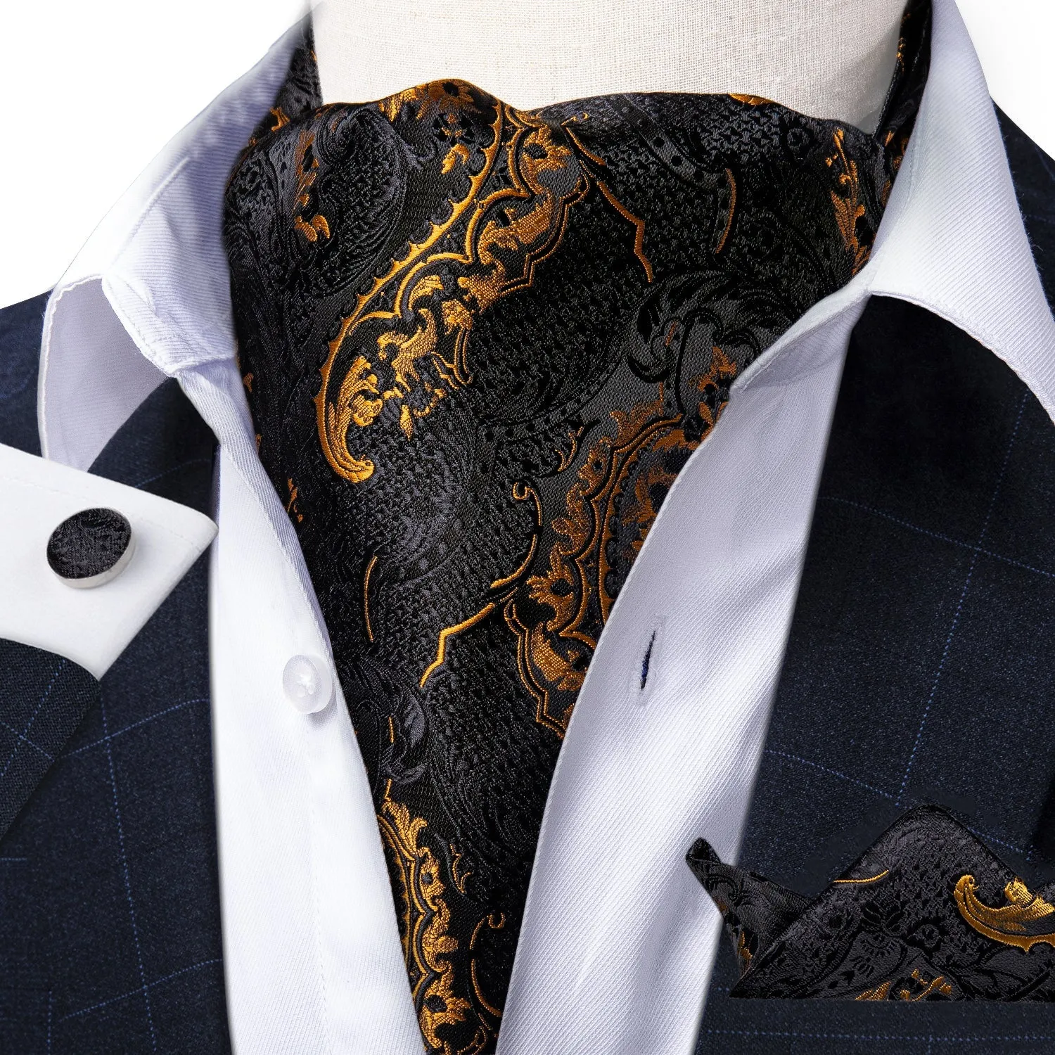 Black Golden Floral Silk Cravat Woven Ascot Tie Pocket Square Handkerchief Set sold by Ties2You product image thumbnail 2