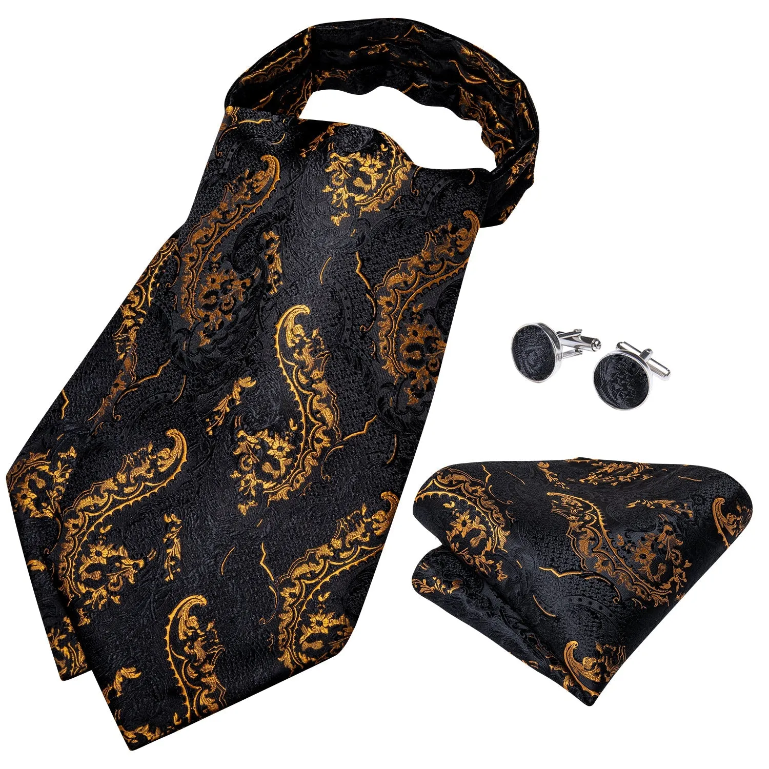 Black Golden Floral Silk Cravat Woven Ascot Tie Pocket Square Handkerchief Set sold by Ties2You product image thumbnail 3