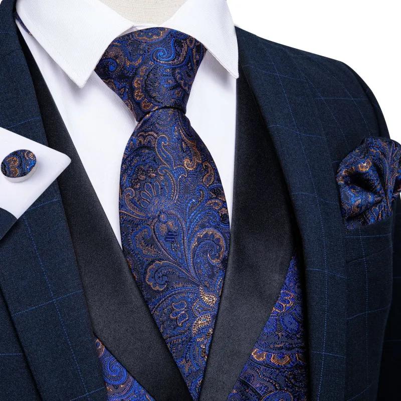 Black Collar Blue Paisley Jacquard V Neck Men's Vest Hanky Cufflinks Tie Set sold by Ties2You