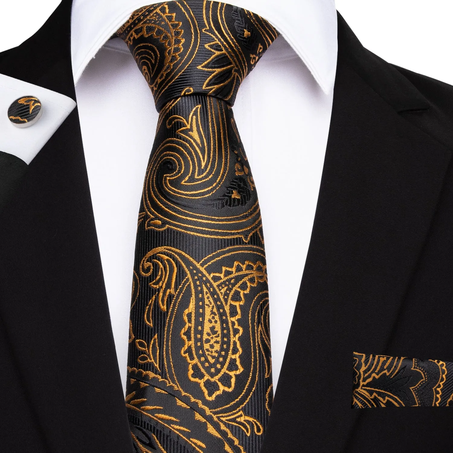 Black Collar Black Gold Paisley Jacquard V Neck Men's Vest Hanky Cufflinks Tie Set sold by Ties2You product image thumbnail 2
