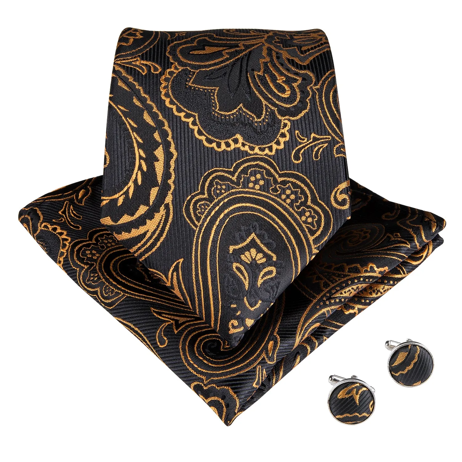 Black Collar Black Gold Paisley Jacquard V Neck Men's Vest Hanky Cufflinks Tie Set sold by Ties2You product image thumbnail 5