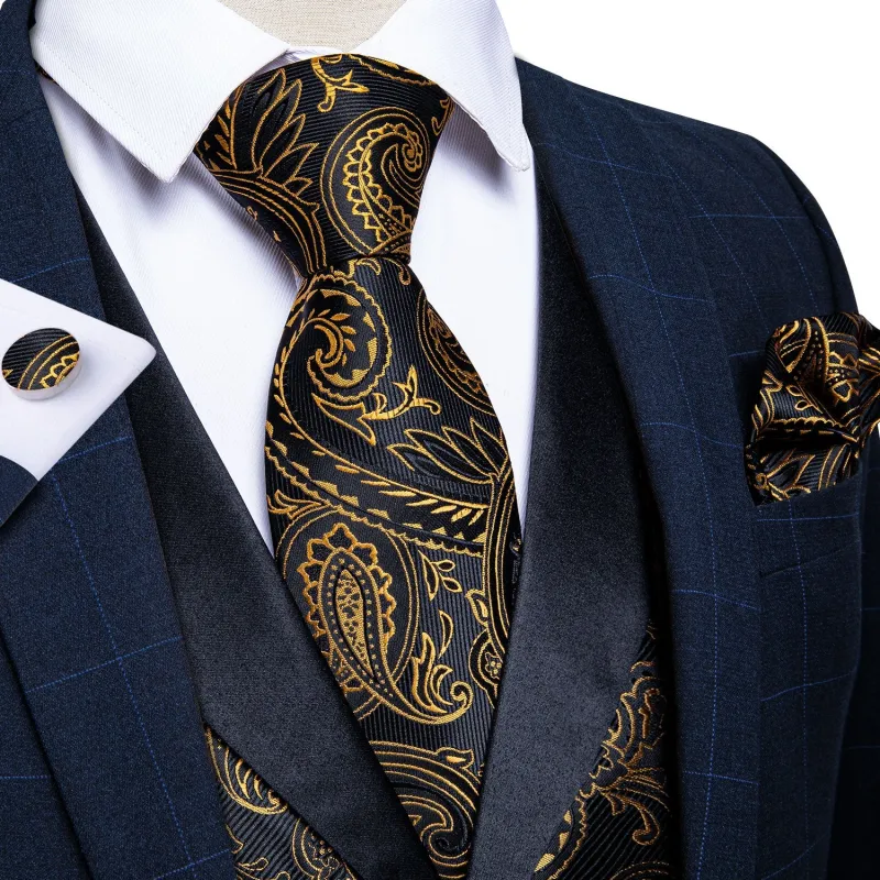 Black Collar Black Gold Paisley Jacquard V Neck Men's Vest Hanky Cufflinks Tie Set sold by Ties2You