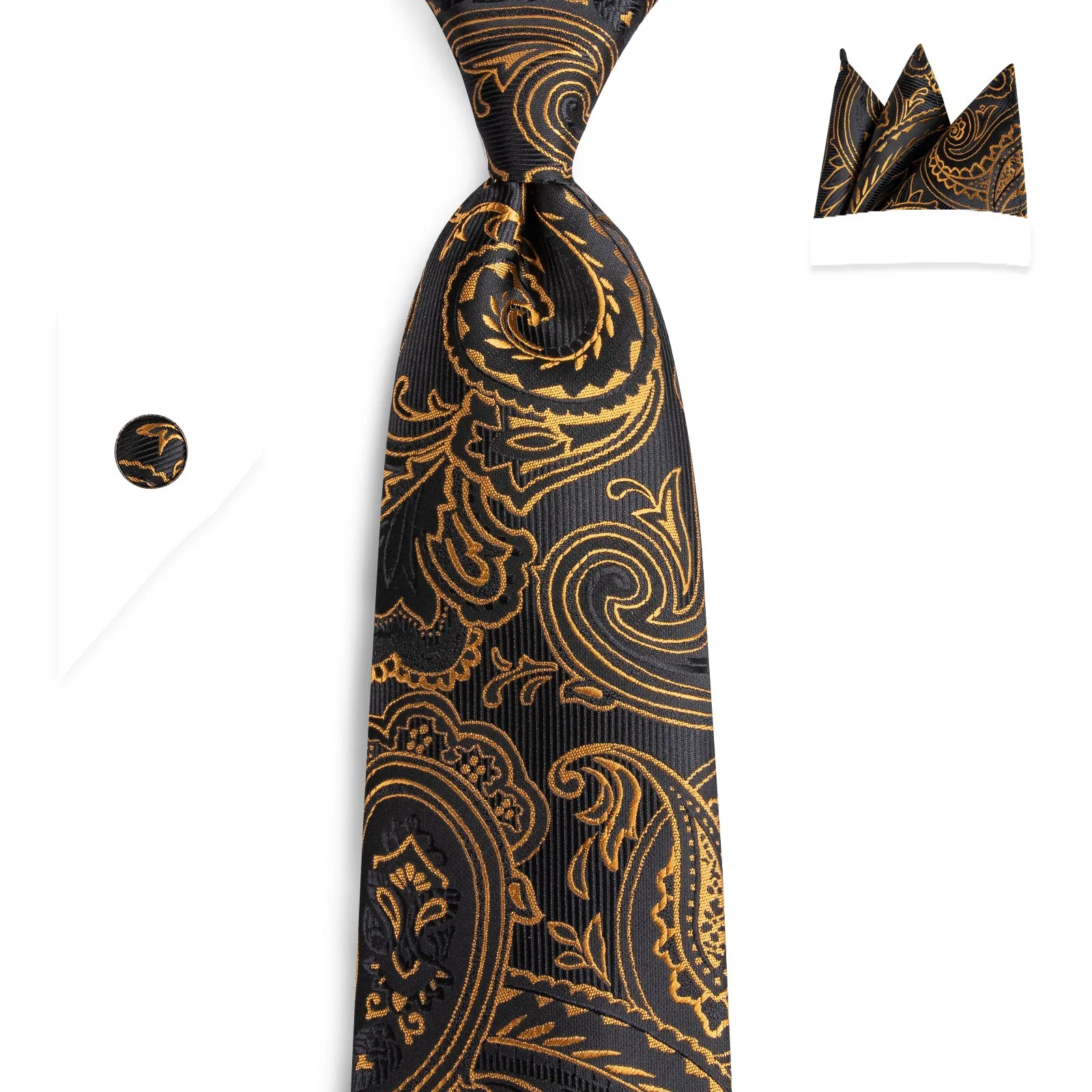 Black Collar Black Gold Paisley Jacquard V Neck Men's Vest Hanky Cufflinks Tie Set sold by Ties2You product image thumbnail 3