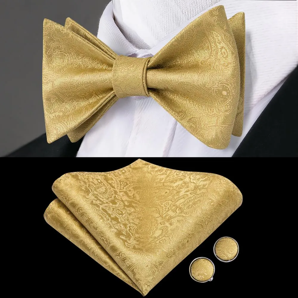King Gold Solid Self-tied Bow Tie Pocket Square Cufflinks Pin Set sold by Ties2You