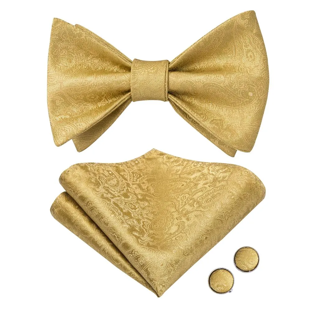 King Gold Solid Self-tied Bow Tie Pocket Square Cufflinks Pin Set sold by Ties2You product image thumbnail 3