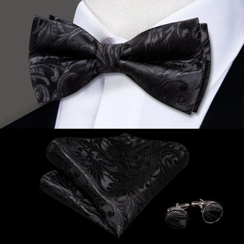 Black Paisley Pre-tied Bow Tie Hanky Cufflinks Set sold by Ties2You